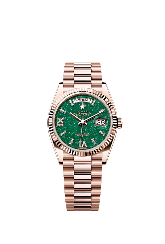 Men’s Rolex Day-Date 36 18K Everose Gold Green Aventurine Diamond Dial Watch – Reference 128235