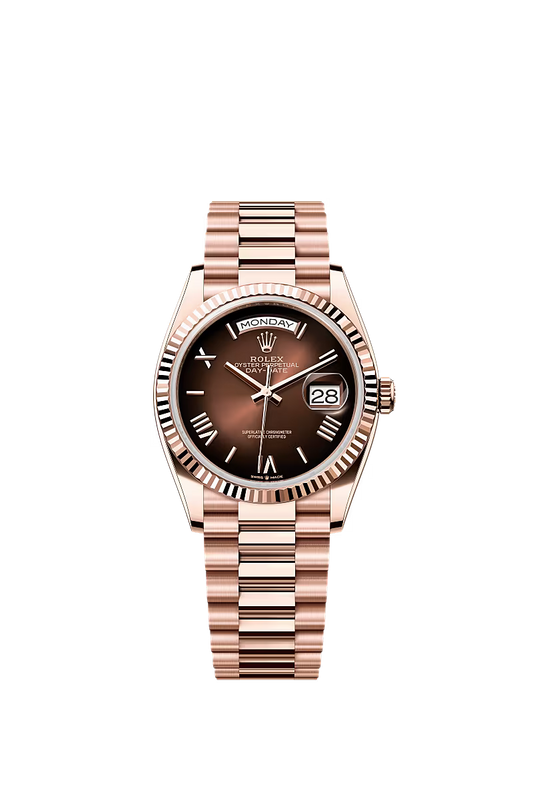 Men’s Rolex Day-Date 36 18K Everose Gold Brown Ombré Dial Watch – Reference 128235 - Zeuskicks