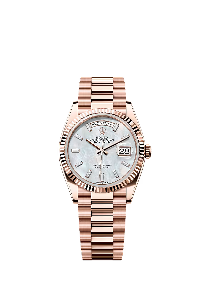 Men’s Rolex Day-Date 36 18K Everose Gold White Mother-of-Pearl Diamond Dial Watch – Reference 128235