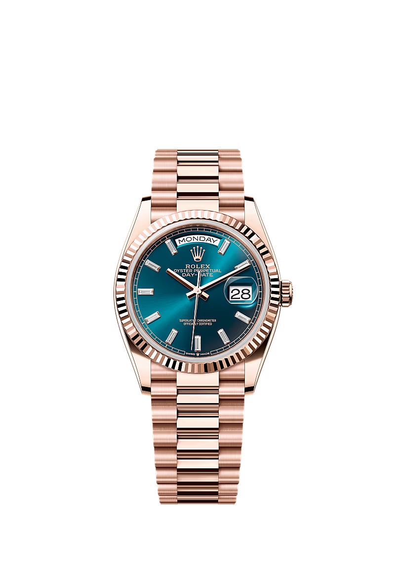 Men’s Rolex Day-Date 36 18K Everose Gold Blue-Green Diamond Dial Watch – Reference 128235 - Zeuskicks