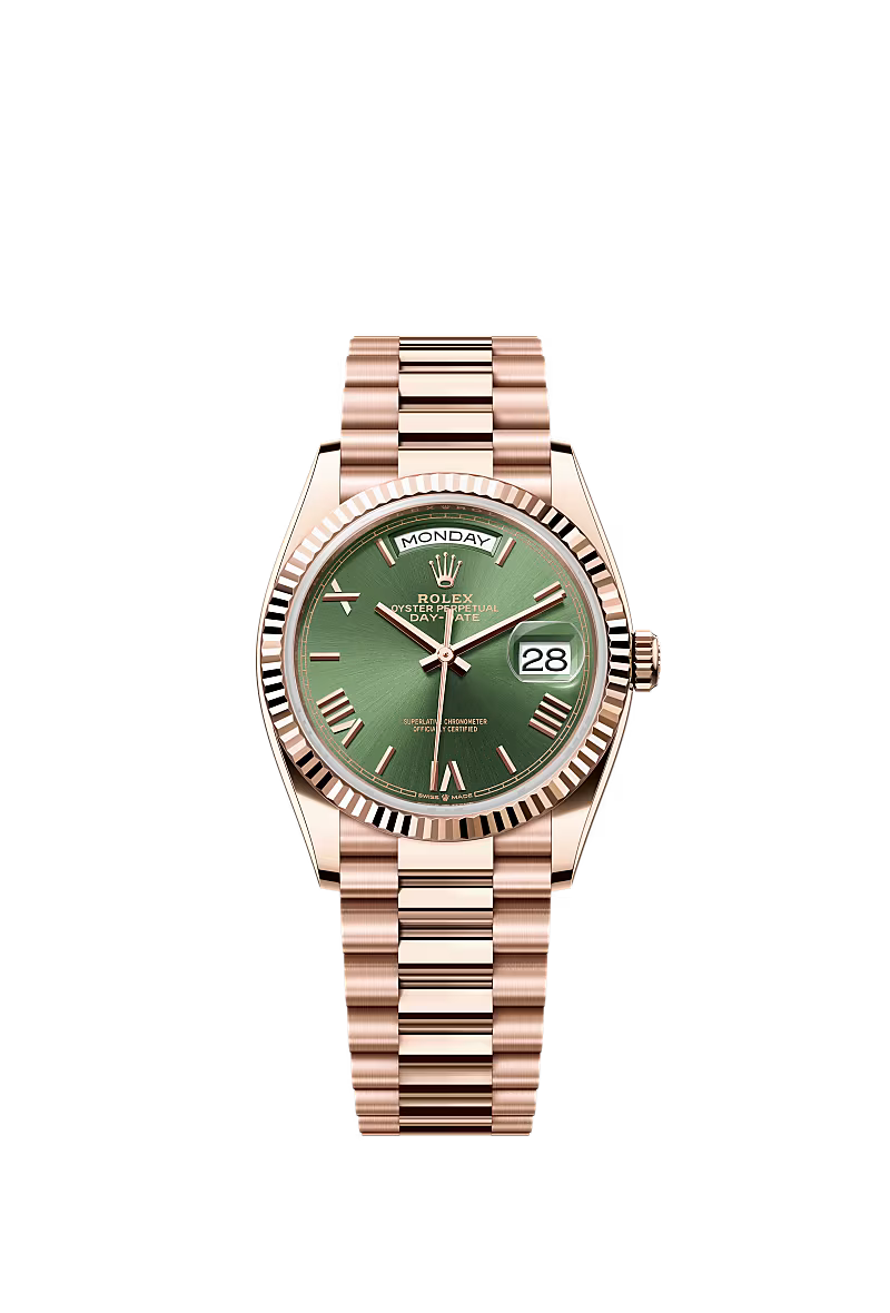 Men’s Rolex Day-Date 36 18K Everose Gold Olive Green Dial Watch – Reference 128235 - Zeuskicks