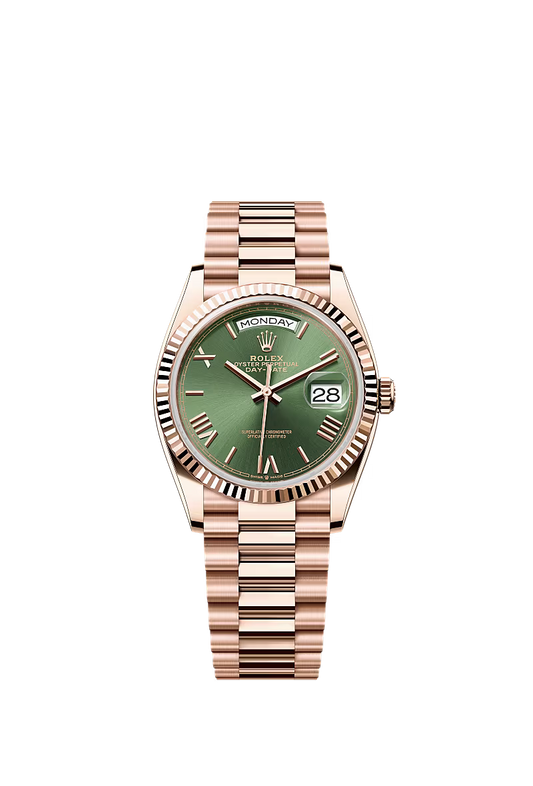 Men’s Rolex Day-Date 36 18K Everose Gold Olive Green Dial Watch – Reference 128235 - Zeuskicks