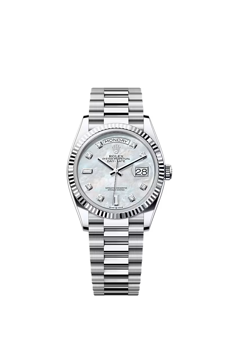 Men’s Rolex Day-Date 36 Platinum Watch – White Mother-of-Pearl Diamond Dial - Zeuskicks