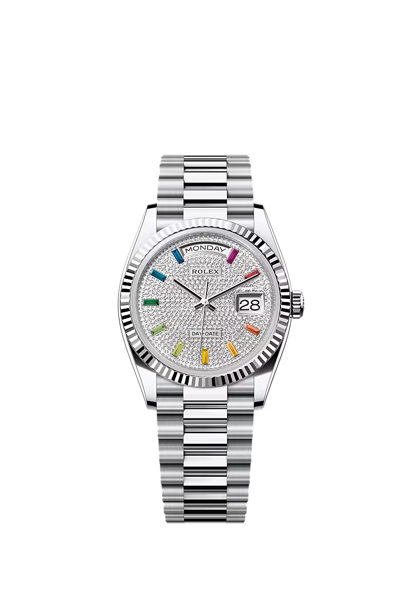 Men’s Rolex Day-Date 36 Platinum Watch – Diamond-Paved Rainbow Sapphire Dial - Zeuskicks