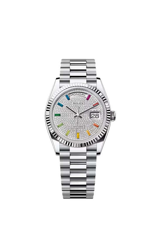 Men’s Rolex Day-Date 36 Platinum Watch – Diamond-Paved Rainbow Sapphire Dial - Zeuskicks