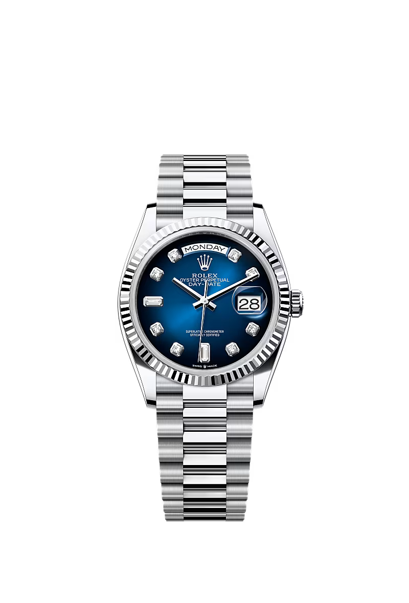 Men’s Rolex Day-Date 36 Platinum Watch – Blue Ombré Diamond Dial – Ref. 128236 - Zeuskicks