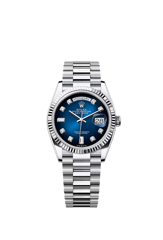 Men’s Rolex Day-Date 36 Platinum Watch – Blue Ombré Diamond Dial – Ref. 128236 - Zeuskicks