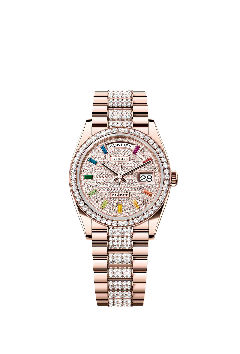 Men’s Rolex Day-Date 36 Everose Gold Diamond-Paved Dial – Rainbow Sapphire Bezel - Zeuskicks