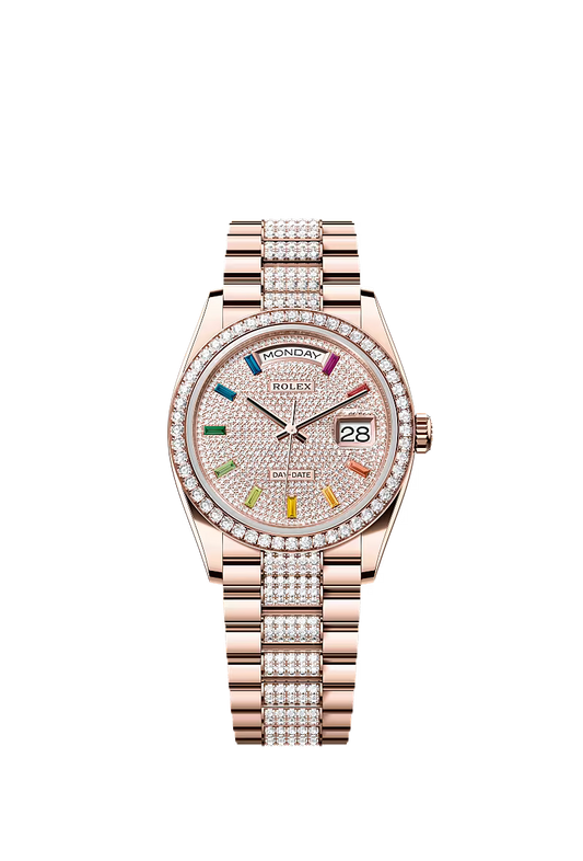 Men’s Rolex Day-Date 36 Everose Gold Diamond-Paved Dial – Rainbow Sapphire Bezel - Zeuskicks