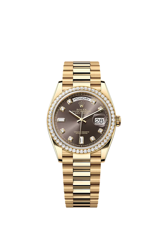 Men’s Rolex Day-Date 36 Ref. 128348RBR Yellow Gold Automatic Watch – Dark Grey Dial with Diamonds - Zeuskicks