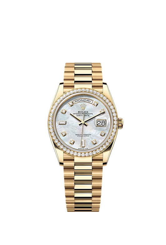 Men’s Rolex Day-Date 36 Ref. 128348RBR Yellow Gold Watch – White Mother-of-Pearl Dial with Diamonds - Zeuskicks