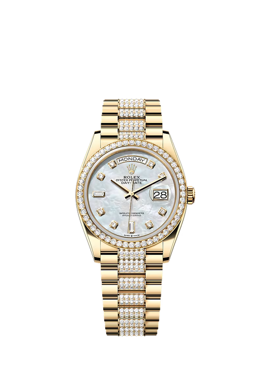 Men’s Rolex Day-Date 36 128348RBR Yellow Gold White Mother-of-Pearl Dial Diamond Watch - Zeuskicks