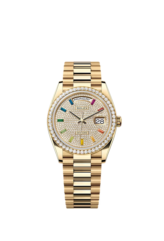 Men’s Rolex Day-Date 36 128348RBR Yellow Gold Diamond-Paved Dial Watch - Zeuskicks