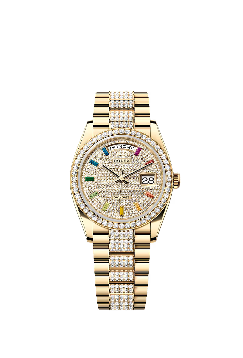 Men’s Rolex Day-Date 36 128348RBR Yellow Gold Diamond-Paved Dial Rainbow Sapphires Watch - Zeuskicks