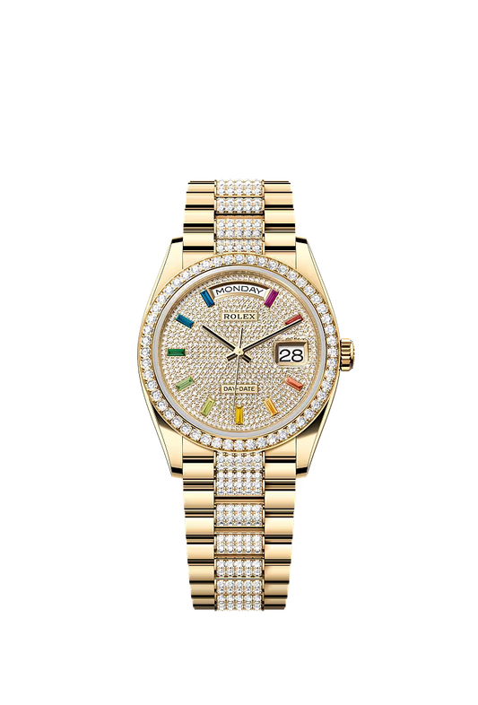 Men’s Rolex Day-Date 36 128348RBR Yellow Gold Diamond-Paved Dial Rainbow Sapphires Watch - Zeuskicks