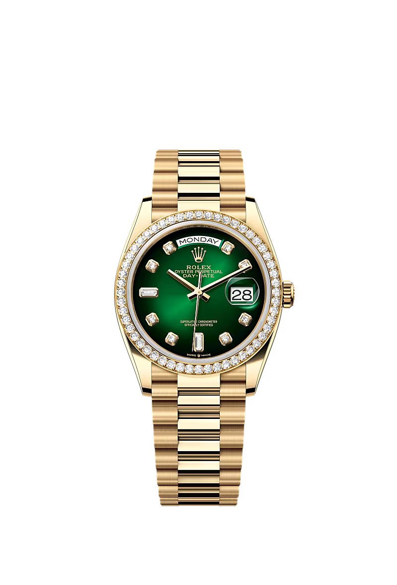 Men’s Rolex Day-Date 36 Ref. 128348RBR Yellow Gold Automatic Watch – Green Ombré Dial with Diamonds - Zeuskicks