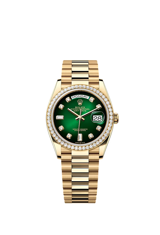 Men’s Rolex Day-Date 36 Ref. 128348RBR Yellow Gold Automatic Watch – Green Ombré Dial with Diamonds - Zeuskicks