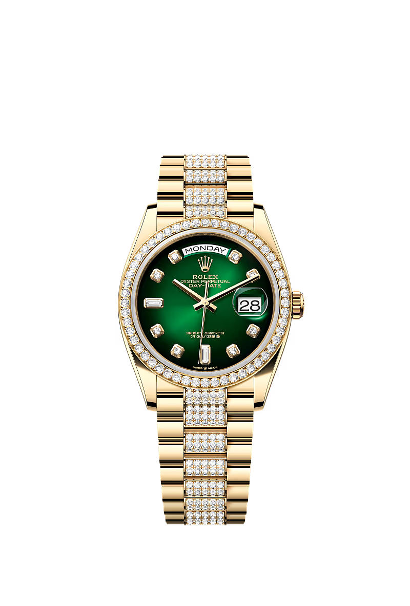 Men’s Rolex Day-Date 36 128348RBR Yellow Gold Green Ombré Dial Diamond Watch - Zeuskicks