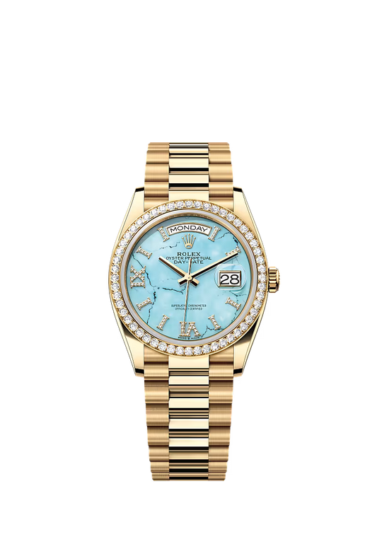 Rolex Day-Date 36 Ref. 128348RBR – Yellow Gold Watch with Turquoise Diamond Dial - Zeuskicks