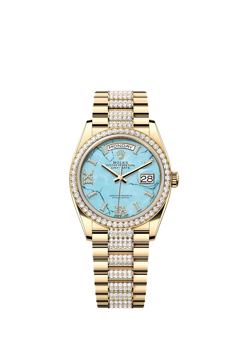 Men’s Rolex Day-Date 36 128348RBR Yellow Gold Turquoise Dial Diamond Watch - Zeuskicks