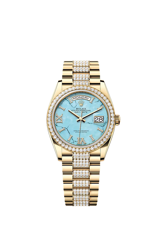 Men’s Rolex Day-Date 36 128348RBR Yellow Gold Turquoise Dial Diamond Watch - Zeuskicks