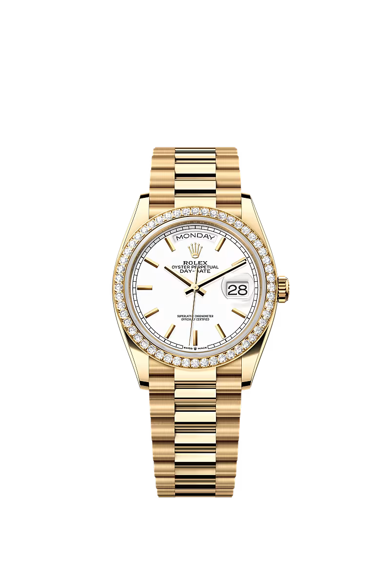 Men’s Rolex Day-Date 36 Ref. 128348RBR Yellow Gold Automatic Watch – White Diamond Dial - Zeuskicks