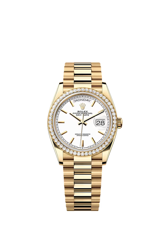 Men’s Rolex Day-Date 36 Ref. 128348RBR Yellow Gold Automatic Watch – White Diamond Dial - Zeuskicks