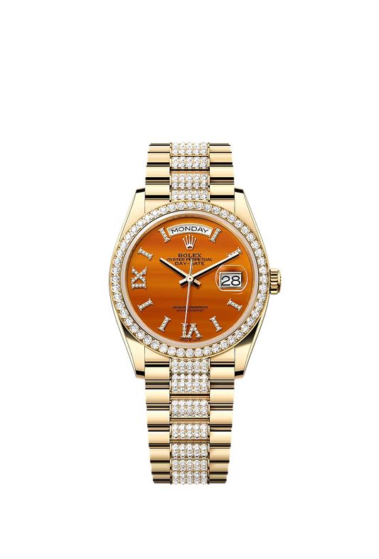 Men’s Rolex Day-Date 36 128348RBR Yellow Gold Carnelian Dial Diamond Watch - Zeuskicks