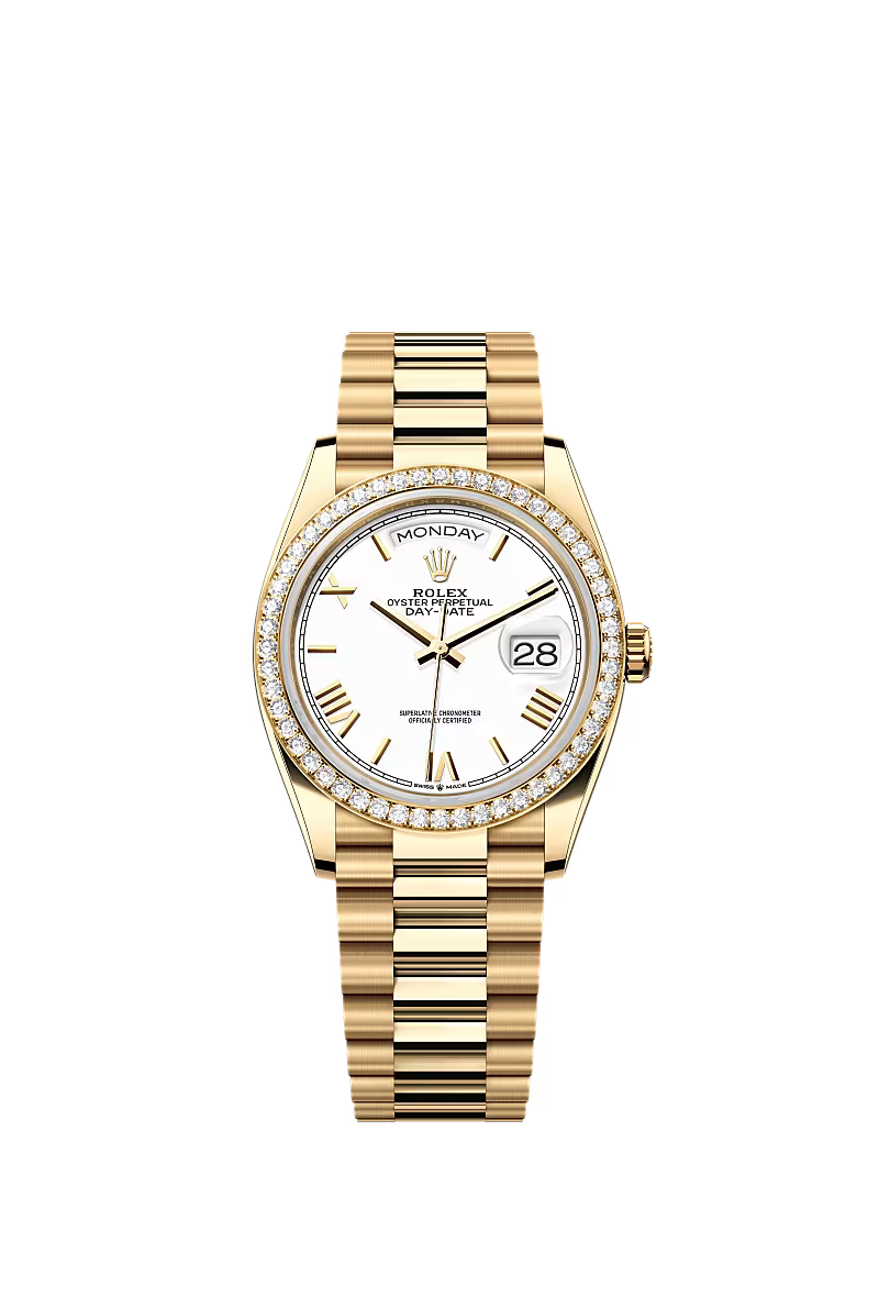 Men’s Rolex Day-Date 36 Ref. 128348RBR Yellow Gold Automatic Watch – White Dial with Diamonds - Zeuskicks