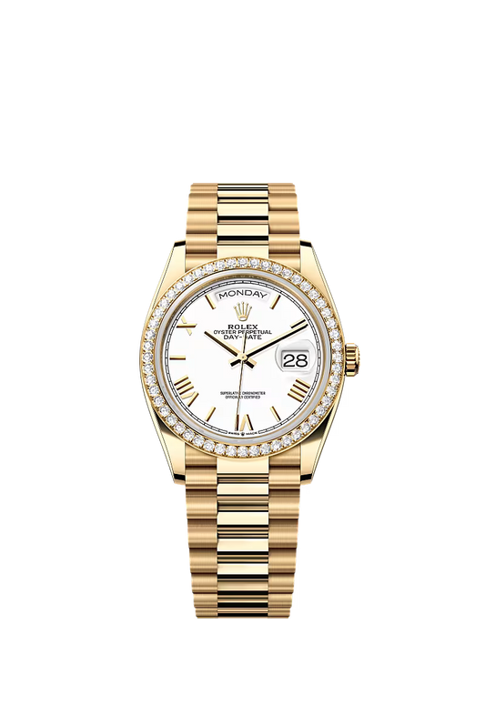Men’s Rolex Day-Date 36 Ref. 128348RBR Yellow Gold Automatic Watch – White Dial with Diamonds - Zeuskicks