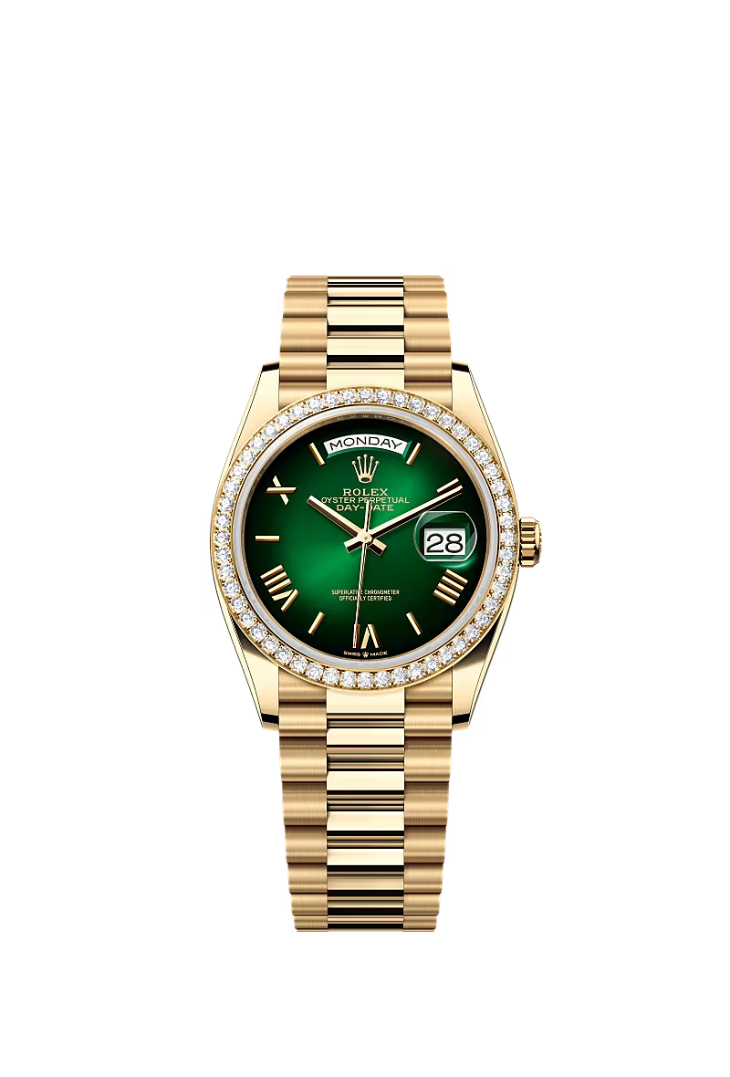 Men’s Rolex Day-Date 36 Ref. 128348RBR Yellow Gold Automatic Watch – Green Ombré Diamond Dial - Zeuskicks