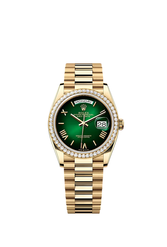Men’s Rolex Day-Date 36 Ref. 128348RBR Yellow Gold Automatic Watch – Green Ombré Diamond Dial - Zeuskicks