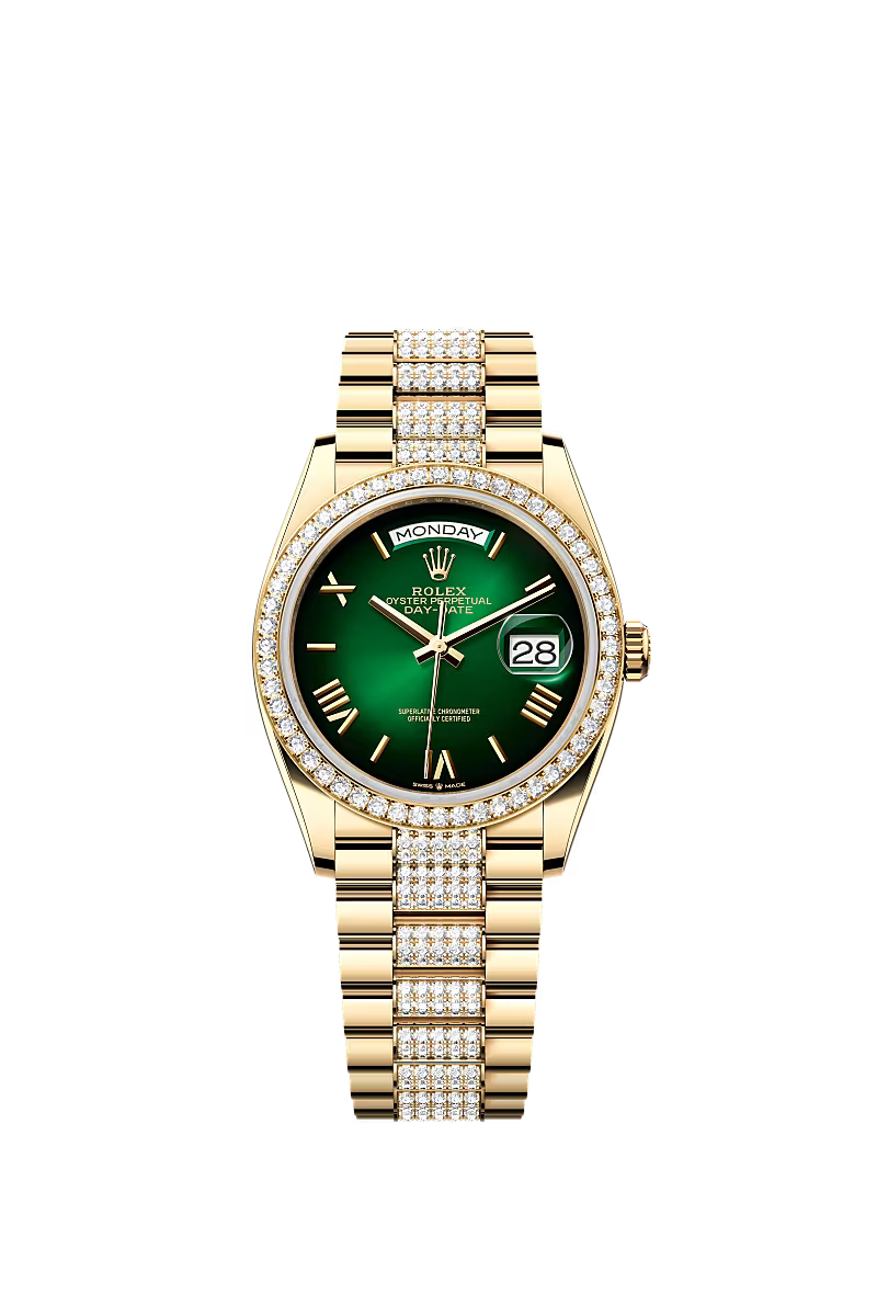 Men’s Rolex Day-Date 36 128348RBR Yellow Gold Green Ombré Dial Watch - Zeuskicks