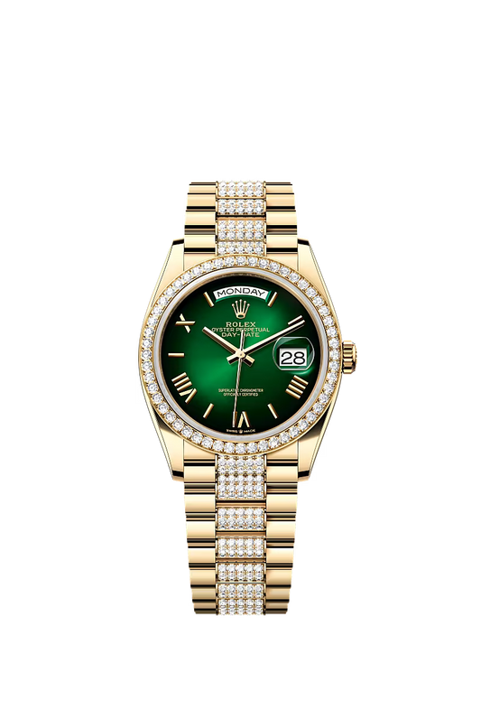 Men’s Rolex Day-Date 36 128348RBR Yellow Gold Green Ombré Dial Watch - Zeuskicks