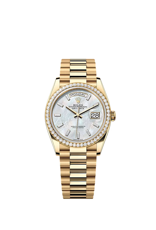 Rolex Day-Date 36 Ref. 128348RBR – Yellow Gold Watch with White Mother-of-Pearl Diamond Dial - Zeuskicks