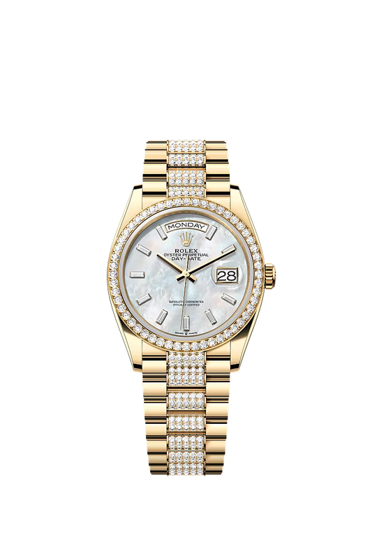 Men’s Rolex Day-Date 36 128348RBR Yellow Gold White Mother-of-Pearl Dial Diamond Watch - Zeuskicks