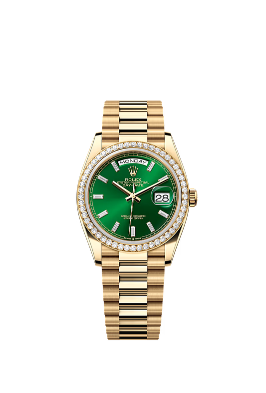 Men’s Rolex Day-Date 36 Ref. 128348RBR Yellow Gold Automatic Watch – Bright Green Dial - Zeuskicks