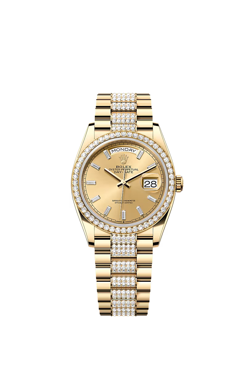 Men’s Rolex Day-Date 36 128348RBR Yellow Gold Champagne Dial Diamond Watch - Zeuskicks