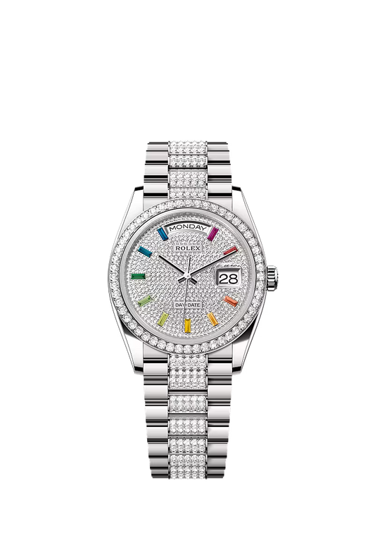 Men’s Rolex Day-Date 36 128349RBR Diamond-Paved Dial with Rainbow Sapphires - Zeuskicks