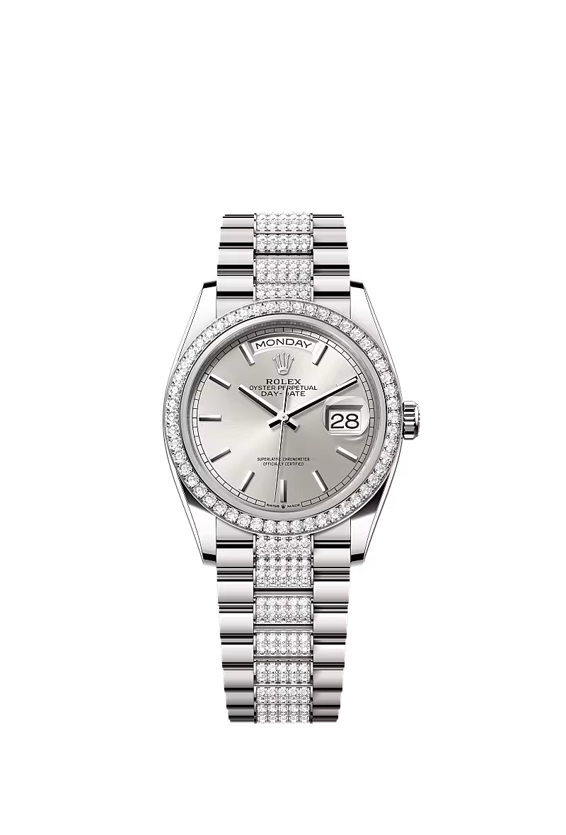 Men’s Rolex Day-Date 36 128349RBR Automatic White Gold Diamond Watch - Zeuskicks