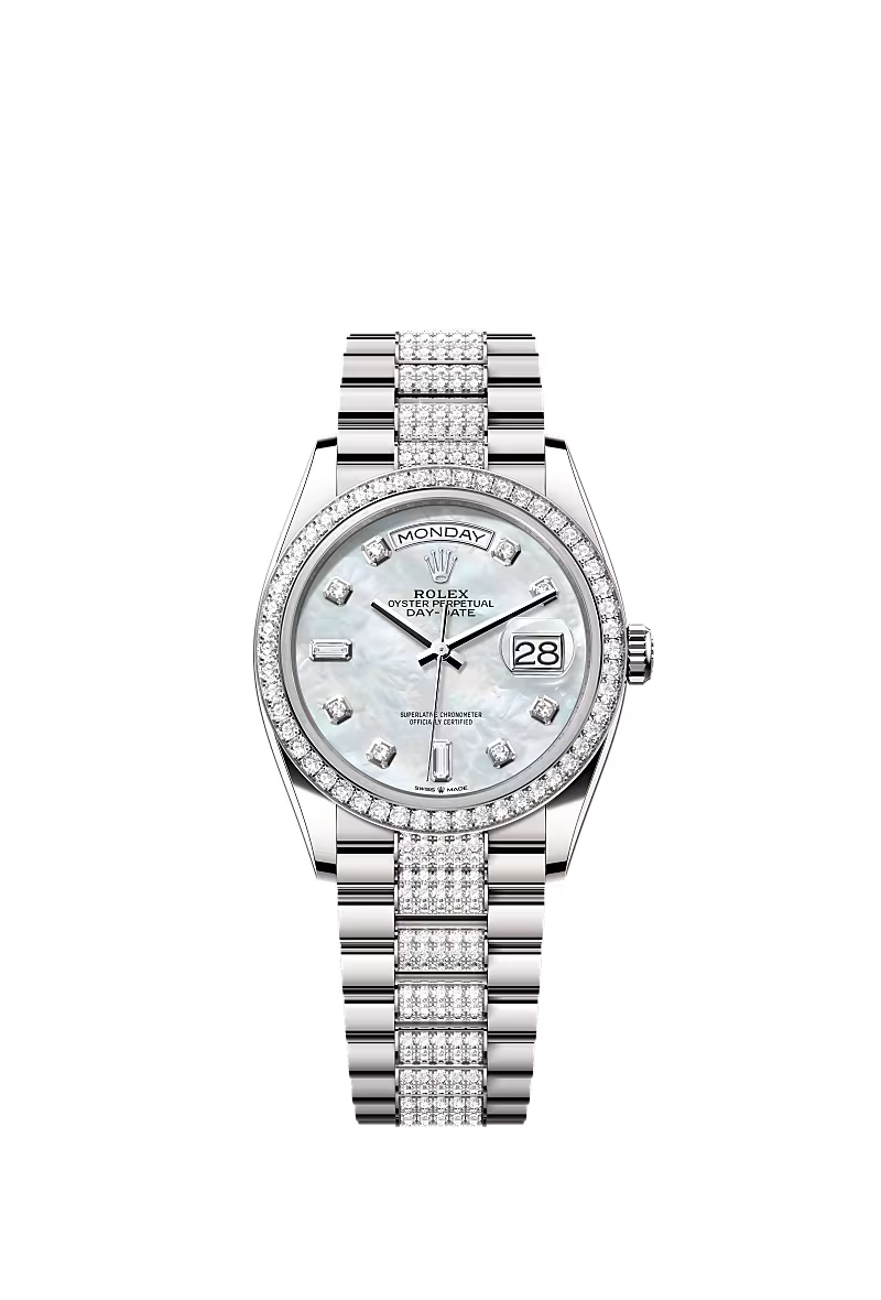 Men’s Rolex Day-Date 36 128349RBR Automatic White Gold Mother-of-Pearl Diamond Watch - Zeuskicks