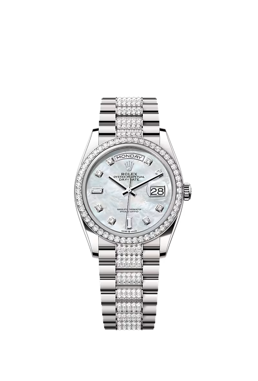 Men’s Rolex Day-Date 36 128349RBR Automatic White Gold Mother-of-Pearl Diamond Watch - Zeuskicks