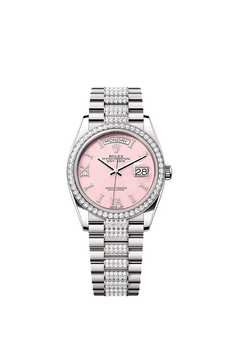 Men’s Rolex Day-Date 36 128349RBR Automatic White Gold Pink Opal Diamond Watch - Zeuskicks