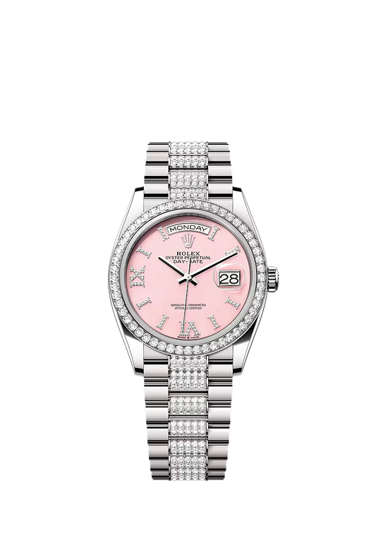 Men’s Rolex Day-Date 36 128349RBR Automatic White Gold Pink Opal Diamond Watch - Zeuskicks