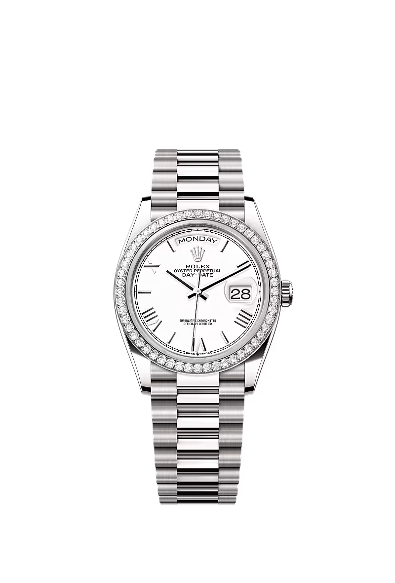 Men’s Rolex Day-Date 36 128349RBR Automatic White Gold Diamond Watch - Zeuskicks
