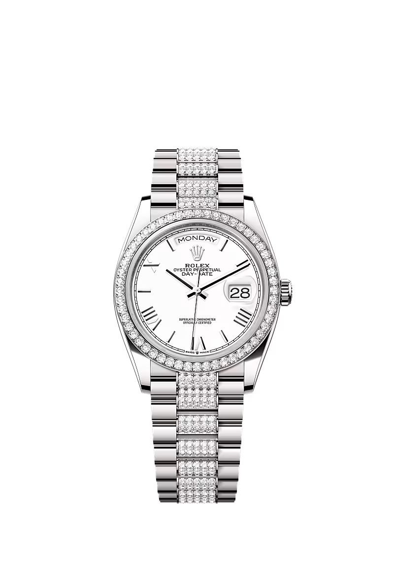 Men’s Rolex Day-Date 36 128349RBR Automatic White Gold Diamond Watch - Zeuskicks