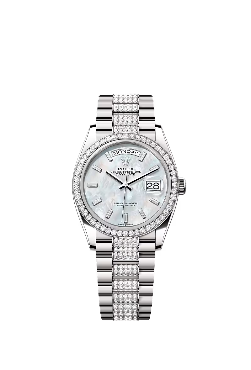 Men’s Rolex Day-Date 36 128349RBR Automatic White Gold Diamond Mother-of-Pearl Watch - Zeuskicks