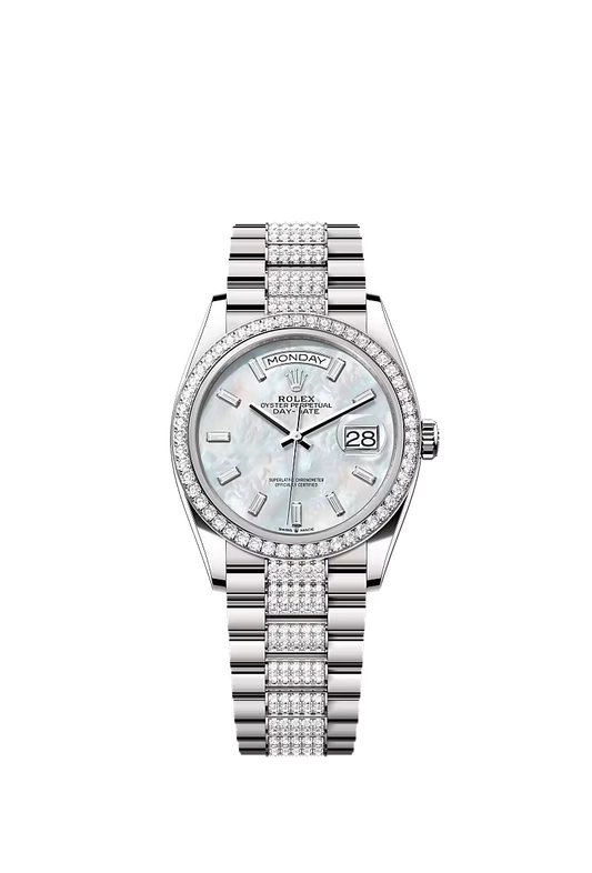 Men’s Rolex Day-Date 36 128349RBR Automatic White Gold Diamond Mother-of-Pearl Watch - Zeuskicks
