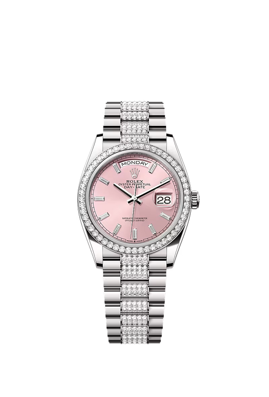 Men’s Rolex Day-Date 36 128349RBR Automatic White Gold Pink Diamond Watch - Zeuskicks
