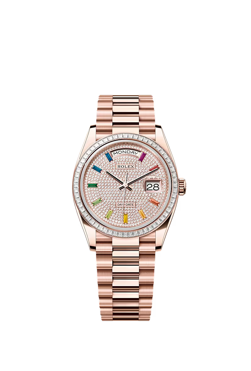 Rolex Day-Date 36 128395TBR – Everose Gold Diamond-Pavé Rainbow Dial - Zeuskicks